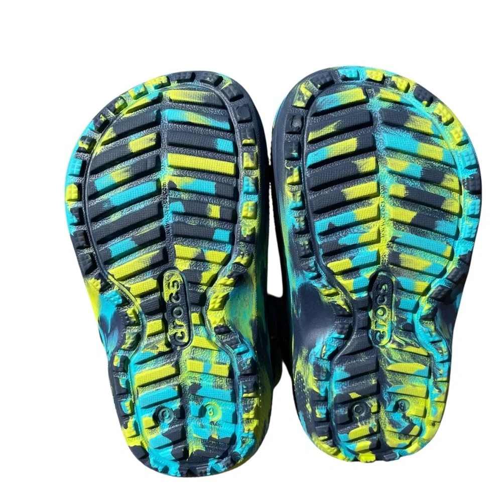 Lined Fuzzy CROCS Kids  - Blue and Yellow
